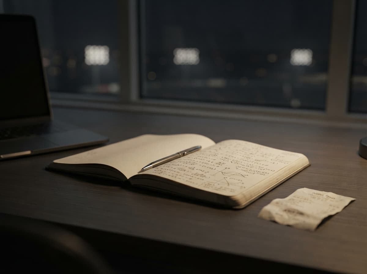 Open notebook with handwritten market notes beside a pen