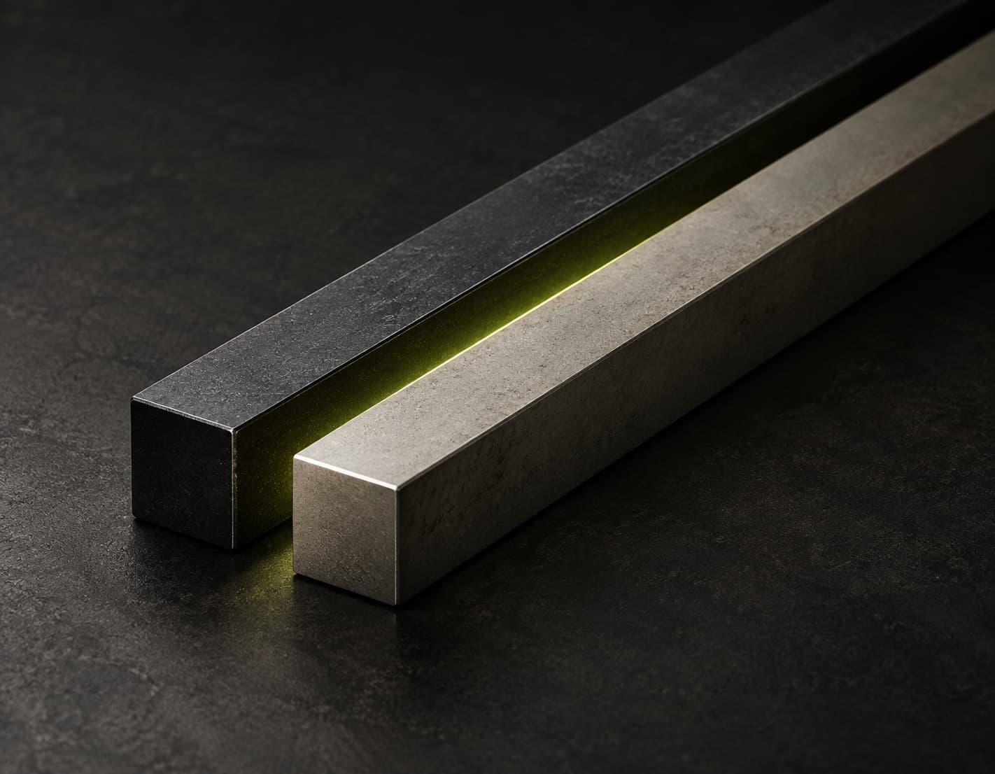 Two parallel graphite bars frame a narrow lime-lit middle zone