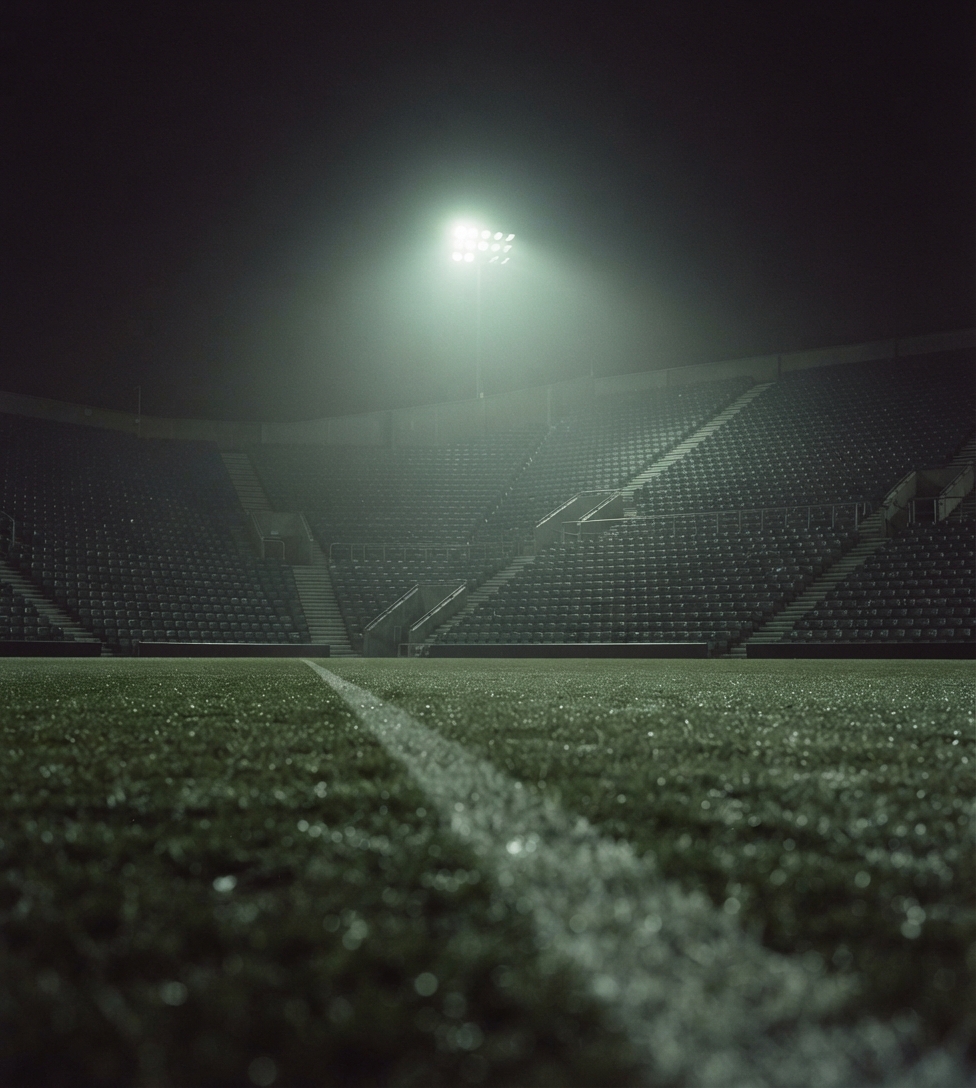 Empty football stadium under a single floodlight after rain