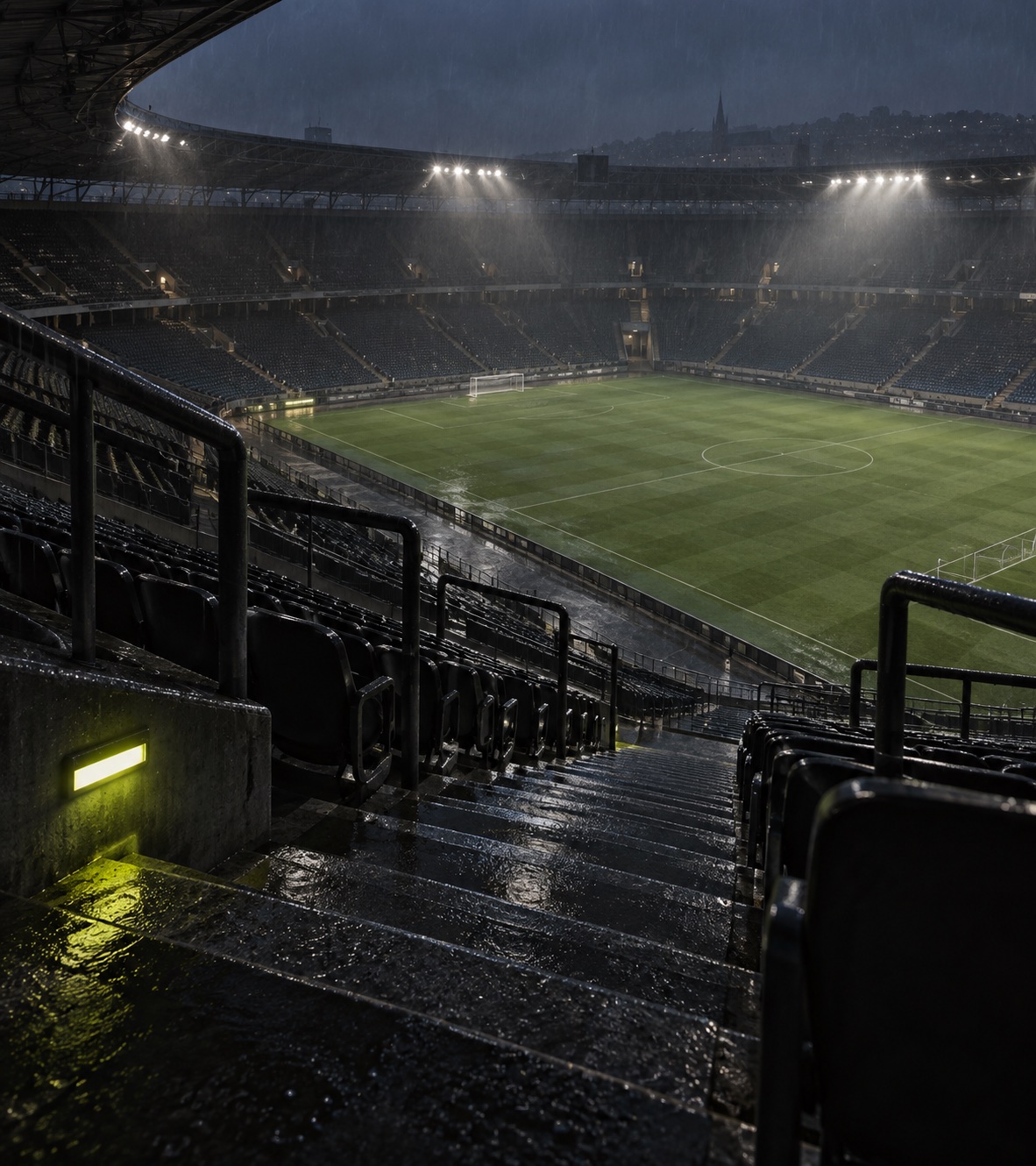 Rain-dark stadium aisles open onto several views of the same pitch