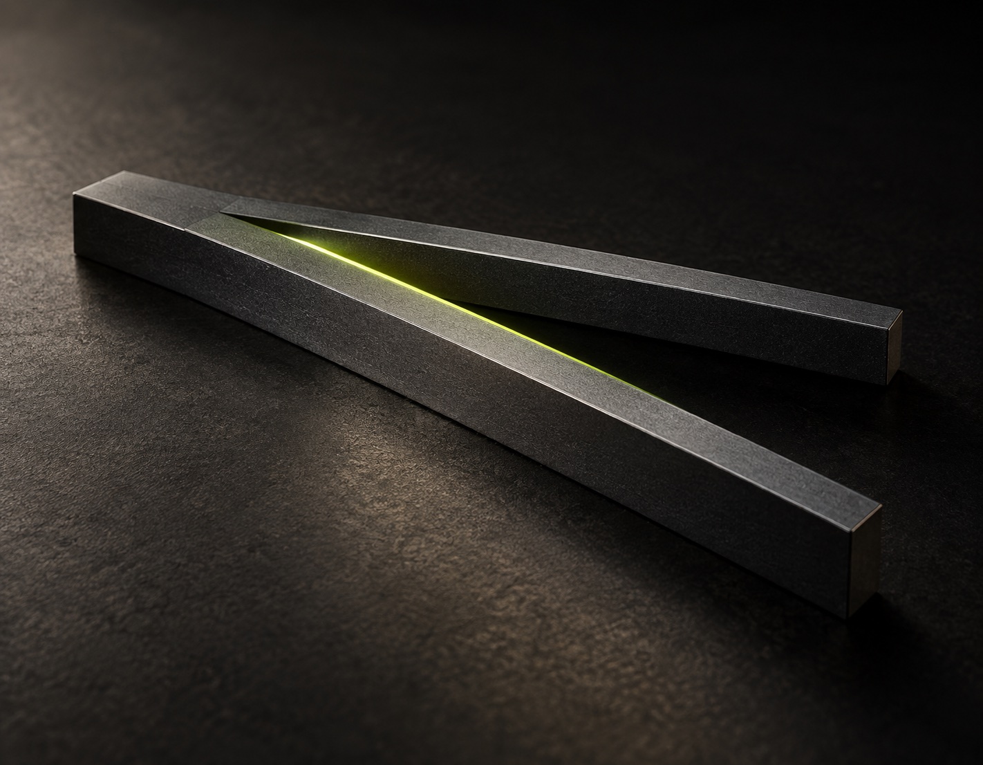 Two precise graphite rails diverge around a narrow lime-lit edge